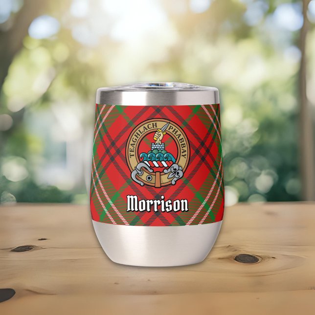 Clan Morrison Crest over Red Tartan Thermal Wine Tumbler (Creator Uploaded)