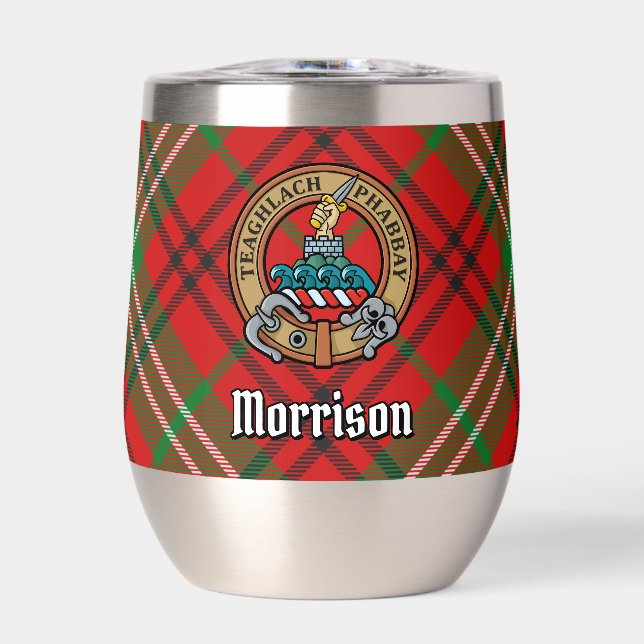 Clan Morrison Crest over Red Tartan Thermal Wine Tumbler (Front)