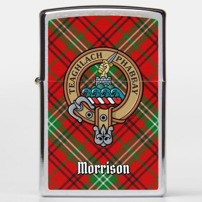 Clan Morrison Crest over Red Tartan Zippo Lighter (Front)