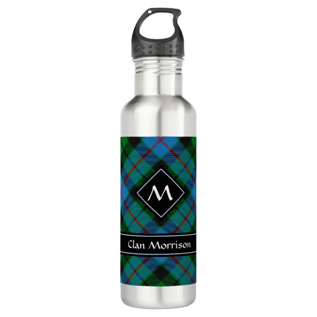 Clan Morrison Tartan Stainless Steel Water Bottle (Front)