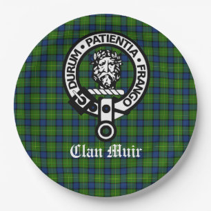 Clan Muir Crest Badge and Tartan Paper Plates