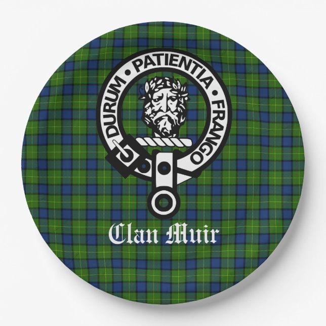 Clan Muir Crest Badge and Tartan Paper Plates (Front)