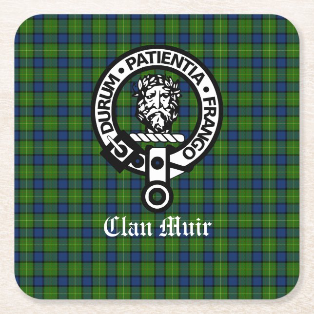 Clan Muir Crest Badge and Tartan Square Paper Coaster (Front)