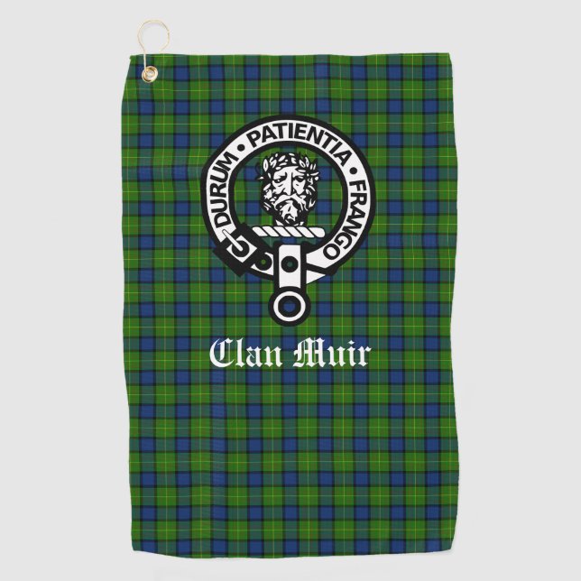 Clan Muir or More Crest Badge & Tartan  Golf Towel (Front)