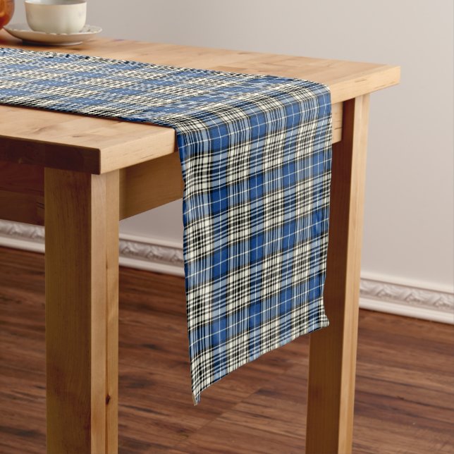 Clan Napier Blue, Black, and White Scottish Tartan Short Table Runner (In Situ)