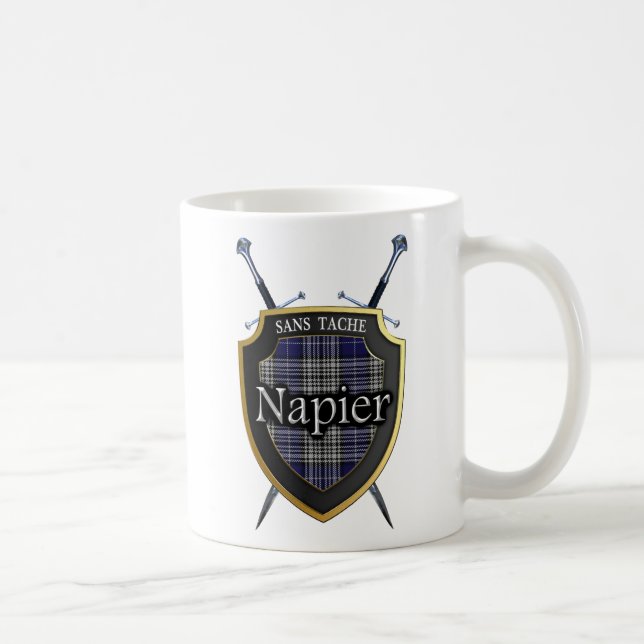 Clan Napier Tartan Shield and Swords Coffee Mug (Right)
