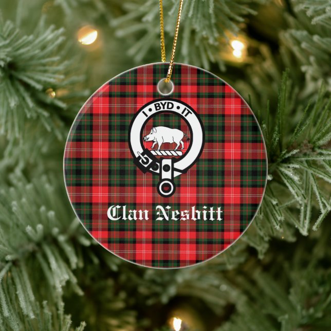 Clan Nesbitt Crest Badge & Tartan Personalized Ceramic Ornament (Tree)