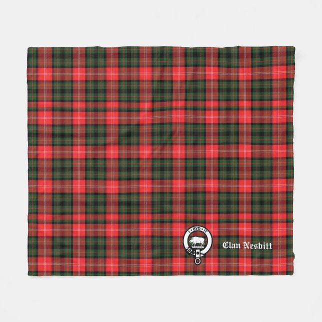 Clan Nesbitt Crest Badge & Tartan Personalized Fleece Blanket (Front (Horizontal))