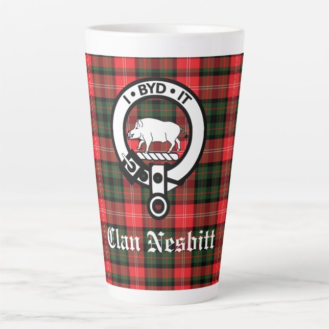 Clan Nesbitt Crest Badge & Tartan Personalized Latte Mug (Front)