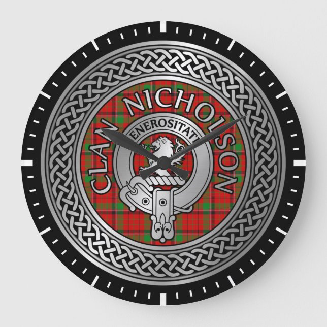 Clan Nicholson Crest & Tartan Knot Large Clock (Front)