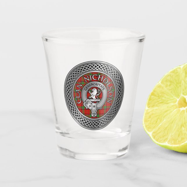 Clan Nicholson Crest & Tartan Knot Shot Glass (Front)
