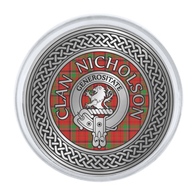 Clan Nicholson Crest & Tartan Knot Silver Finish Lapel Pin (Front)