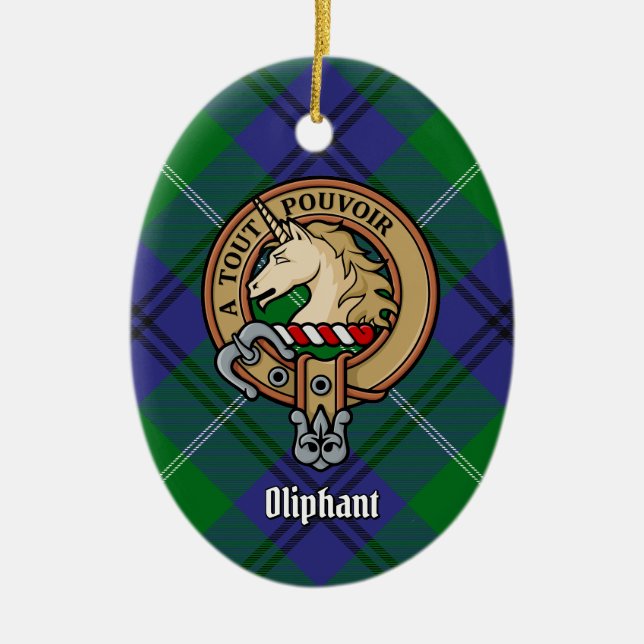 Clan Oliphant Crest over Tartan Ceramic Ornament (Front)