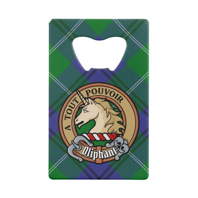 Clan Oliphant Crest over Tartan Credit Card Bottle Opener (Front)