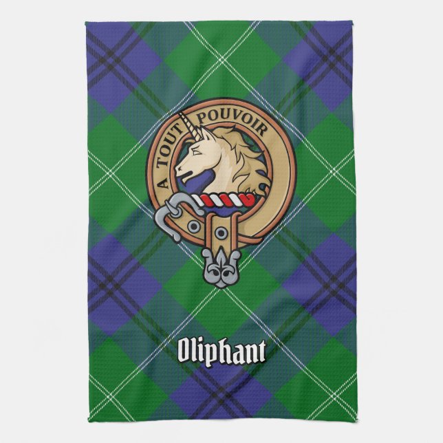 Clan Oliphant Crest over Tartan Kitchen Towel (Vertical)