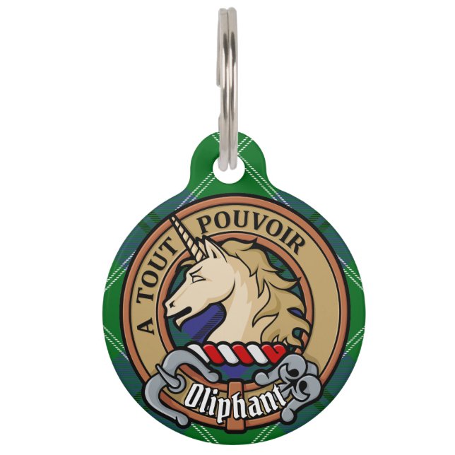 Clan Oliphant Crest over Tartan Pet ID Tag (Front)