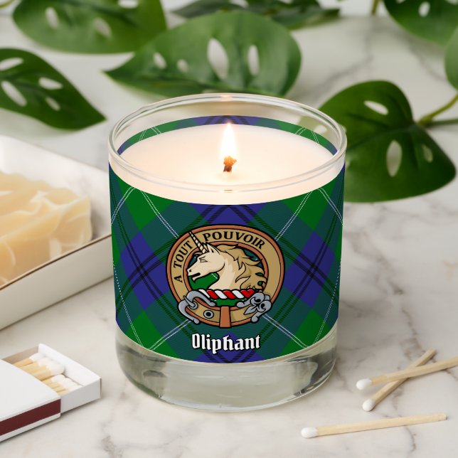 Clan Oliphant Crest over Tartan Scented Candle (Lit)
