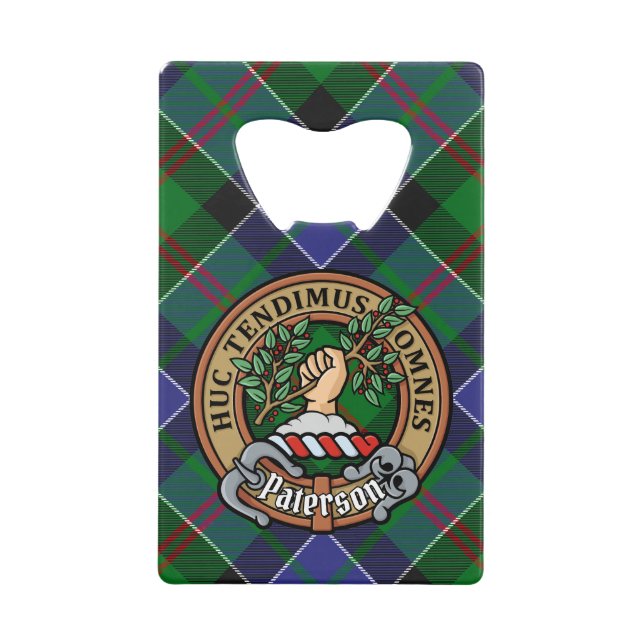 Clan Paterson Crest over Tartan Credit Card Bottle Opener (Front)