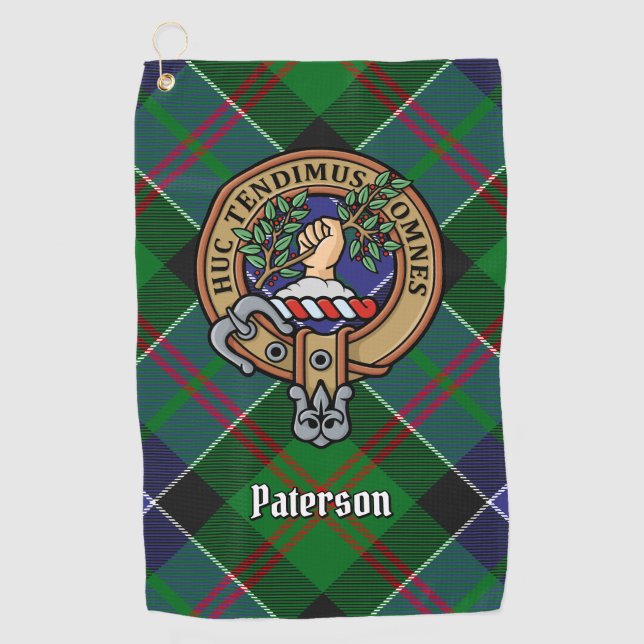 Clan Paterson Crest over Tartan Golf Towel (Front)