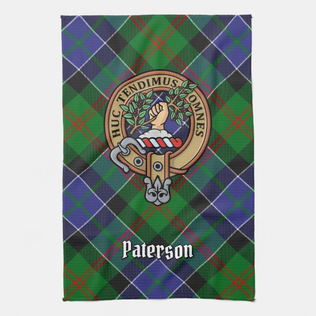 Clan Paterson Crest over Tartan Kitchen Towel (Vertical)