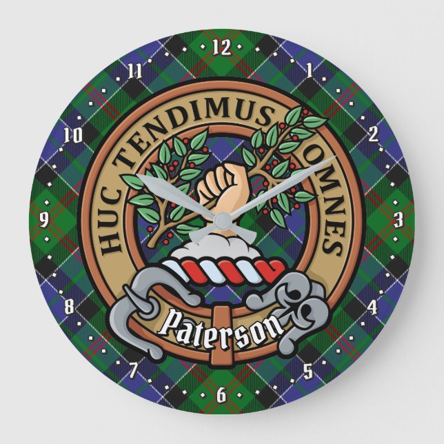 Clan Paterson Crest over Tartan Large Clock (Front)