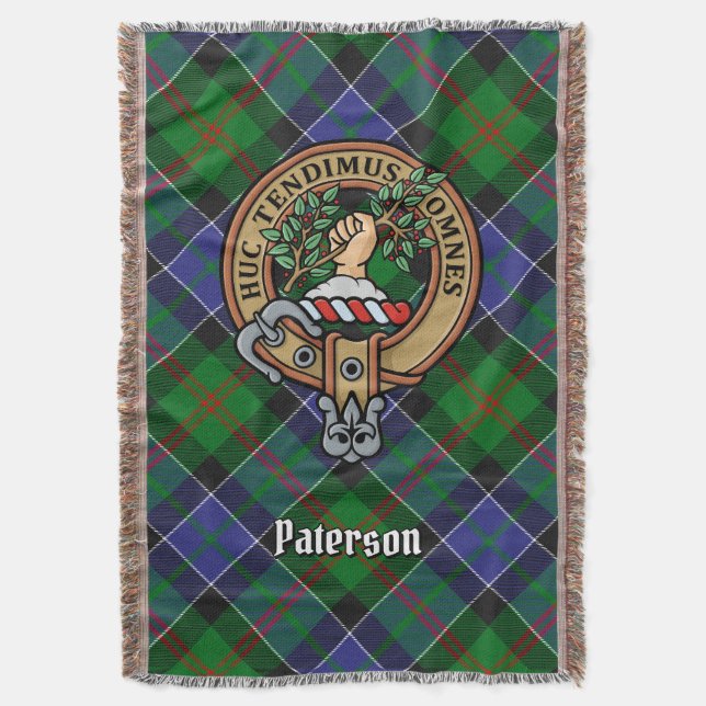 Clan Paterson Crest over Tartan Throw Blanket (Front Vertical)
