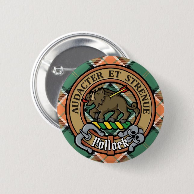 Clan Pollock Crest over Tartan Button (Front & Back)