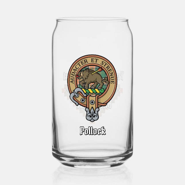 Clan Pollock Crest over Tartan Can Glass (Front)
