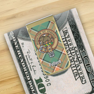Clan Pollock Crest over Tartan Gold Finish Money Clip