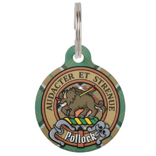 Clan Pollock Crest over Tartan Pet ID Tag