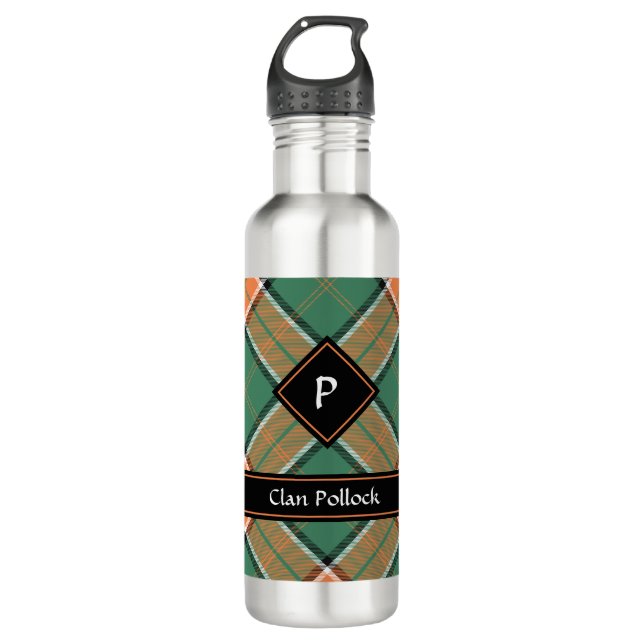 Clan Pollock Tartan Stainless Steel Water Bottle (Front)