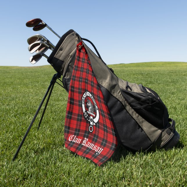 Clan Ramsay Crest Badge and Tartan Customizable  Golf Towel (Green)
