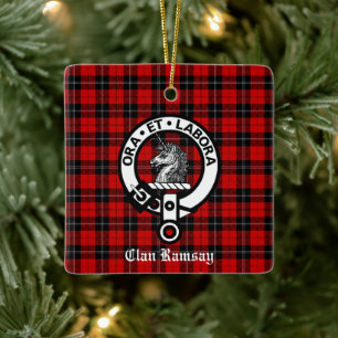 Clan Ramsay Crest Badge & Tartan Personalized Ceramic Ornament
