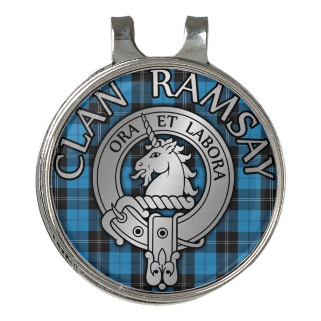 Clan Ramsay Crest & Hunting Tartan Knot Golf Hat Clip (Front)