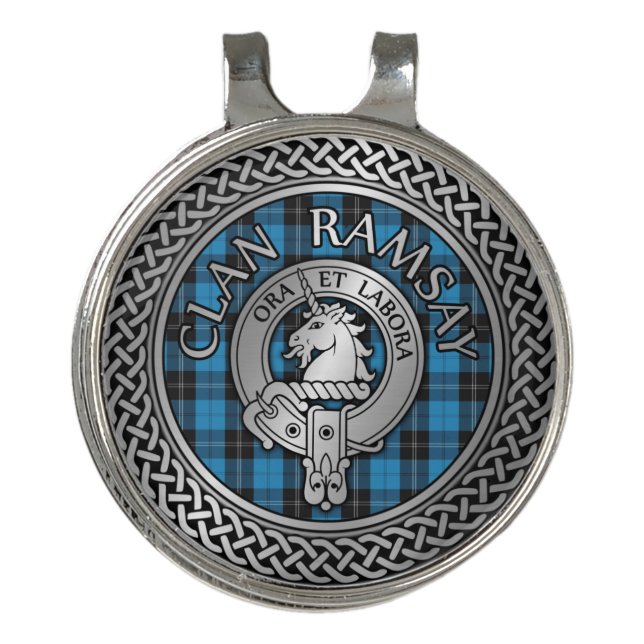 Clan Ramsay Crest & Hunting Tartan Knot Golf Hat Clip (Front)