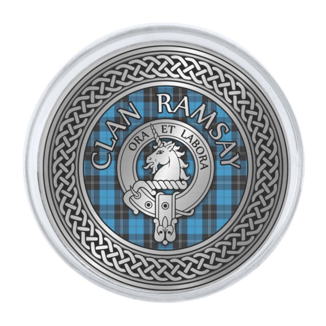 Clan Ramsay Crest & Hunting Tartan Knot Silver Finish Lapel Pin (Front)