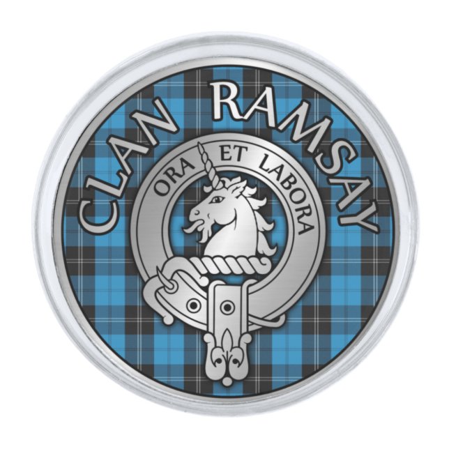 Clan Ramsay Crest & Hunting Tartan Knot Silver Finish Lapel Pin (Front)