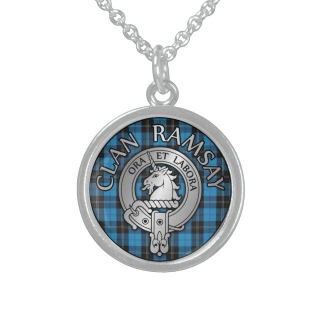 Clan Ramsay Crest & Hunting Tartan Knot Sterling Silver Necklace (Front)