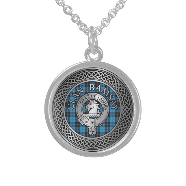 Clan Ramsay Crest & Hunting Tartan Knot Sterling Silver Necklace (Front)