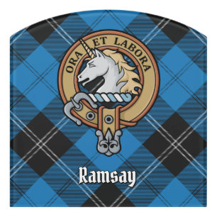 Clan Ramsay Crest over Blue Hunting Tartan Door Sign
