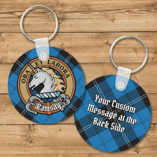 Clan Ramsay Crest over Blue Hunting Tartan Keychain
