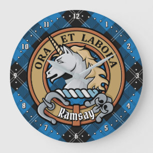 Clan Ramsay Crest over Blue Hunting Tartan Large Clock