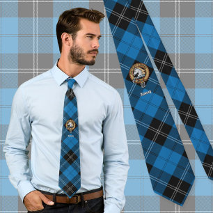 Clan Ramsay Crest over Blue Hunting Tartan Neck Tie