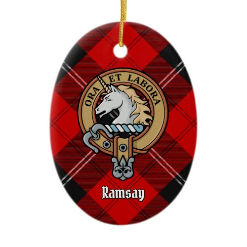 Clan Ramsay Crest over Red Tartan Ceramic Ornament
