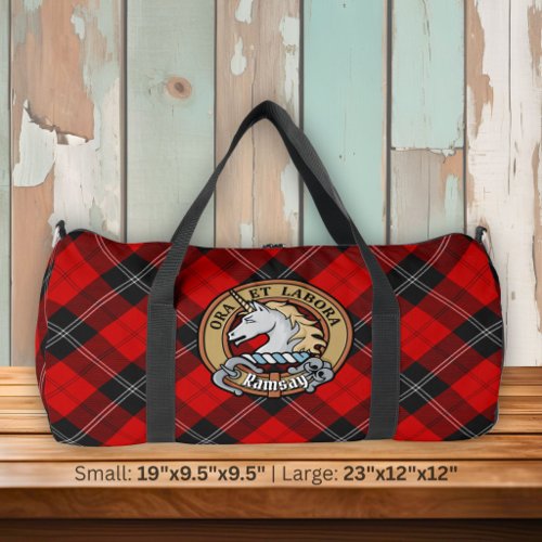 Clan Ramsay Crest over Red Tartan Duffle Bag