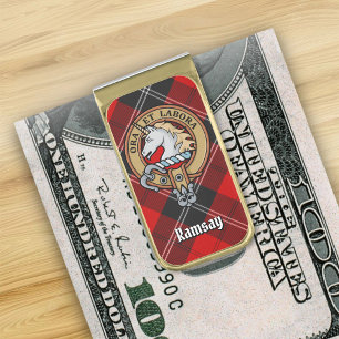 Clan Ramsay Crest over Red Tartan Gold Finish Money Clip