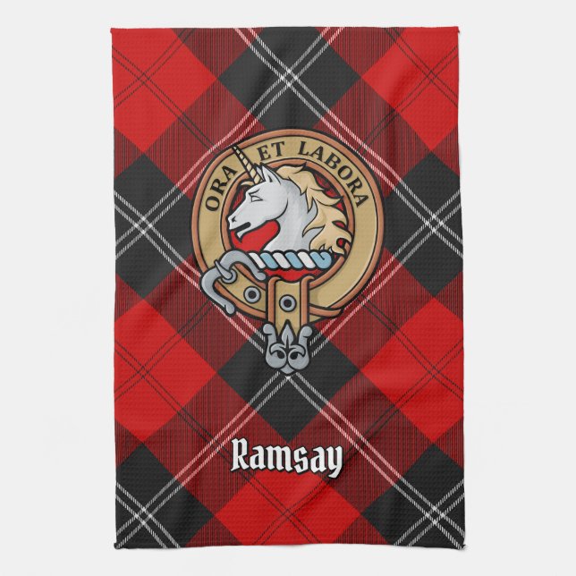 Clan Ramsay Crest over Red Tartan Kitchen Towel (Vertical)