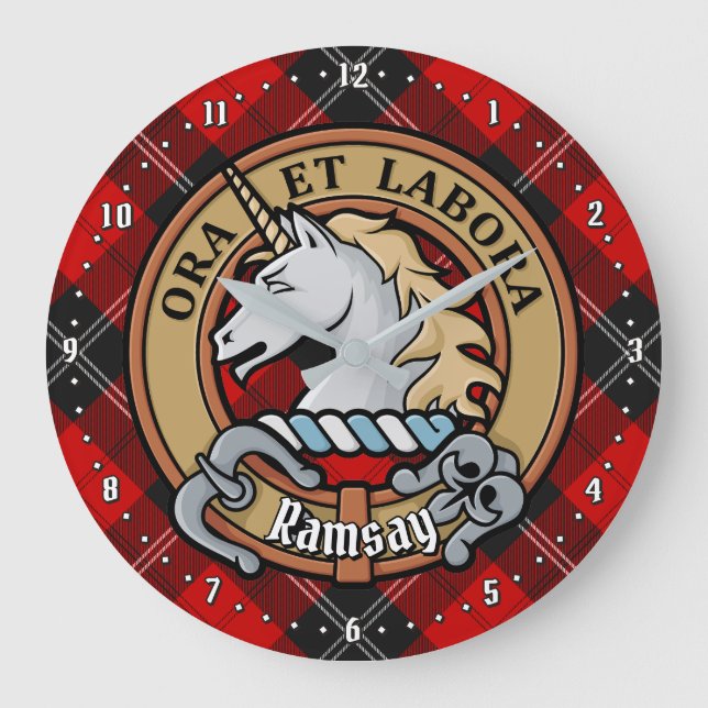 Clan Ramsay Crest over Red Tartan Large Clock (Front)