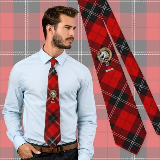 Clan Ramsay Crest over Red Tartan Neck Tie (Creator Uploaded)