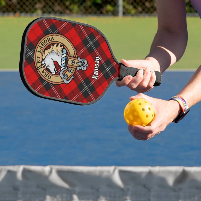 Clan Ramsay Crest over Red Tartan Pickleball Paddle (Insitu)